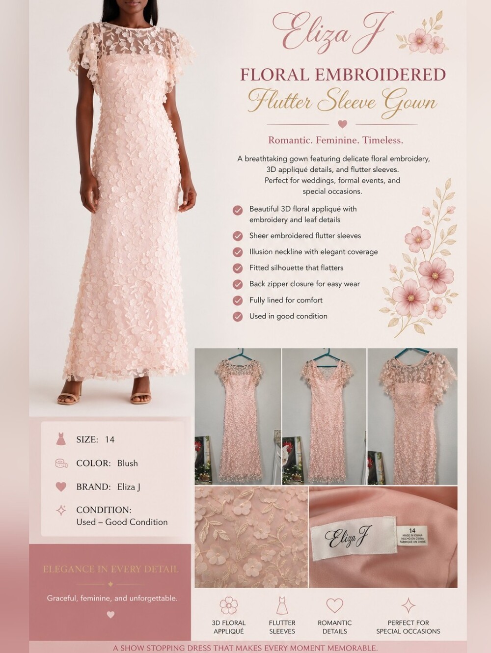 Eliza J Blush Floral Embroidered Flutter Sleeve Gown